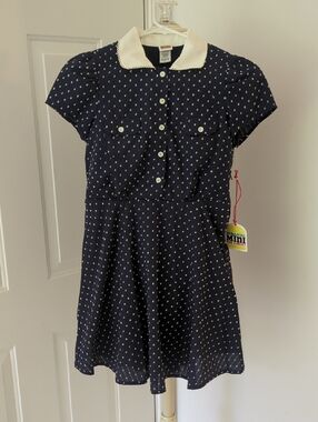 Harajuku Mini Navy And White Dot Dress with White  Collar - Girls